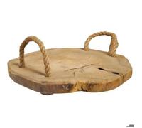Plateau apéro 31 cm en bois de teck brut et poignées corde - PEYTON