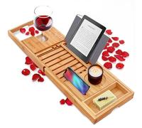 Plateau de Baignoire de Luxe en Bambou - Organiseur de Baignoire réglable en Bois Naturel avec Porte-vin, Emplacement de Tasse, Porte-Savon, Espace Livre et Emplacement pour téléphone pour Spa, Salle