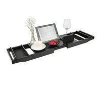 Plateau de Baignoire en Bambou Naturel,Expérience de Spa de détente pour Maison de Luxe Extensible pour Les salles de Bain,Plateau de Rangement,avec étagère de Lecture, Support pour Tablette (Noir)