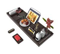 Plateau de Baignoire pour Baignoire de Luxe - Table de Bain Extensible en Bambou imperméable avec Support pour vin et Livre et Porte-Savon (Marron)