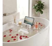 Plateau de bain réglable extensible avec support pour verre à vin, repose-tablette, plateau de spa en acrylique, 80 cm (gris translucide)