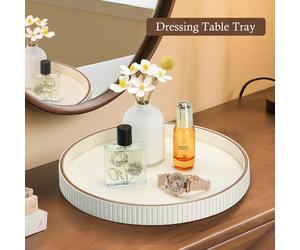 Plateau de rangement rond en PU à bordure dorée avec rayures verticales, pour ranger de petits articles/cosmétiques. Esthétique de luxe, 3 couleurs interprètent la vie raffinée, décoration de la pièce