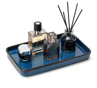 Plateau de salle de bain de 25,4 x 15,2 x 2,5 cm - Plateau de rangement décoratif en céramique pour commode, toilettes, parfum, éponge, distributeur de savon pour comptoir de cuisine - Bleu transformé