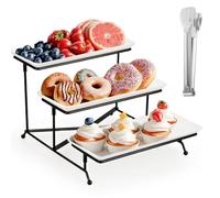 Plateau de Service avec 3 Plats, 30×17cm Plateaux de Service et Plateau de Service Niveaux Grand Plastique Rectangulaire Presentoir Aperitif Buffet avec Clip Support en Métal pour Légumes Biscuits