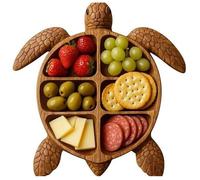 Plateau de service en bois forme tortue 24 cm, 6 compartiments pour fromage, fruits, apéritifs, idéal pour réunions et usage