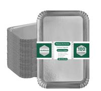 Plateau de Service en Carton Épais Argenté 28 × 19 cm - Lot de 100 Plateaux Traiteur Jetables Professionnels - Présentoir Apéritif Buffet - Plateau Jetable pour Buffet, Mariage, Réception et Événement