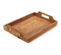 Plateau de service en rotin tressé à la main avec poignées pour le petit-déjeuner, les boissons et les collations (43 cm)