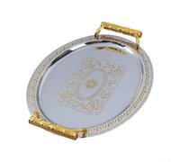 Plateau de service ovale en acier inoxydable 37 x 29,5 cm avec poignées | Acier inoxydable robuste, ovale 37 x 29,5 cm, poignées de transport intégrées, argent ou or, durable