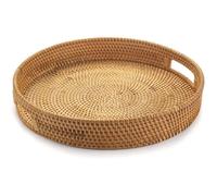 Plateau de Service Rond en Rotin, Plateau de Service en Osier avec Poignées Découpées, Panier de Service Tressé Fruits/Pain, 30 cm
