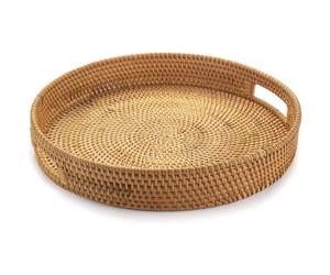 Plateau de Service Rond en Rotin, Plateau de Service en Osier avec Poignées Découpées, Panier de Service Tressé Fruits/Pain, 30 cm