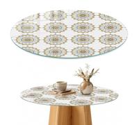 Plateau de Table 80 cm | Rond | Décoré | Épaisseur 4 mm | Fleurs géométriques | Patins Antidérapants Inclus | Verre Trempé | Bords Polis | Multi-usages | pour Salon