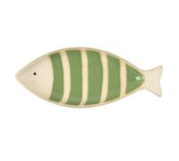 Plateau décoratif en céramique en forme de poisson 23 cm | Céramique émaillée, motif rayé vert et beige, décoration de table, 23 cm de long, 9,5 cm de large