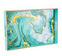 Plateau décoratif, plateau en plastique marbré avec poignées, meuble-lavabo rectangulaire et plateau de service pour salle de bain, cuisine, pouf et table basse, bleu doré