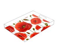 Plateau en acrylique transparent avec poignées - 30,5 x 40,6 cm - Plateau de petit déjeuner en acrylique - Motif floral vif - Rouge coquelicot - Étanche