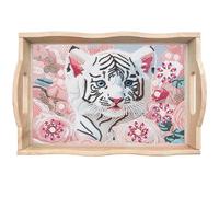 Plateau en bois, à faire soi-même, rectangulaire, avec poignées, peinture diamant Crystal Art, plateau de cuisine, plateau en bois diamant (27 tigre blanc)