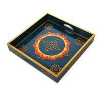 Plateau en bois indien décoré à la main du Rajasthani rectangulaire avec poignée pour décoration de table basse, cuisine, maison et cadeau (bleu, 22,9 x 22,9 x 5,1 cm)