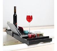 Plateau Extensible pour Salle de Bain, Plateau de Baignoire en Bambou Naturel, Support pour Serviette de Bain, Verre à vin, étagère de Lecture, Support pour Tablette, 70-105cm