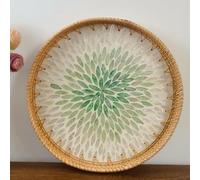 Plateau Ottoman Rond en rotin, Plateau de Service décoratif, Plateau de Salle de Bain en rotin tissé à la Main, Plateau de Service Rond en rotin, Plateau de Panier de Table Basse (Vert)