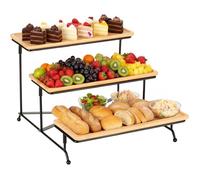 Plateau Repas 3 Étages, Plateau De Service Bois 28.9x12.5x1.2cm, Support Gateau, Support en Métal Noir, Plats Et Plateaux