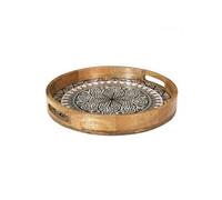 Plateau rond en bois de manguier motif mandala noir Ø35cm