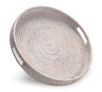 Plateau rond en rotin de 35,1 cm, plateau de table basse décoratif, plateau ottoman, plateau de service tissé avec poignées, panier de service en osier, blanc