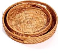 Plateau rond en rotin, lot de 2, diamètre 25 et 30 cm, tressé à la main, avec poignées, couleur marron