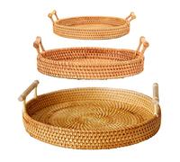 Plateau Rond En Rotin, Plateau De Service Rond En Rotin Tissé à la Main, Panier De Collations Avec Poignées Pour Servir du Pain, des Légumes, des Collations(3Pcs)