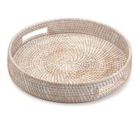 Plateau Rond en Rotin Tressé Main 29,9 cm, avec Poignées, Panier de Service en Osier, Plateau Décoratif pour Maison, Finition Blanch