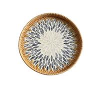 Plateaux de Service Ronds en Rotin Tissé Plateau Rond en Rotin avec Incrustation de Nacre Plateau de Table Basse Panier de Service Plateau de Rangement Décoratif pour Fruits Pain Collation