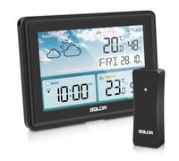 PlayDen Station météo radio avec capteur extérieur, thermomètre et hygromètre, prévisions météo, affichage couleur, horloge DCF avec réveil, avertissement