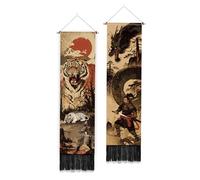 PLIGREAT 2 Tapisserie Verticale Japonaise à Motif de Dragon et de Tigre avec Pompons Tapisserie Murale Longue et Étroite de Style Ukiyo E Motif Samouraï pour Chambre Salon Dortoir