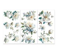 PLIGREAT 3 feuilles Magnolia Blanc Vintage floral Rub sur autocollants Aquarelle Floral Sticker Décal pour meubles et artisanat décoratif