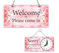 PLIGREAT Aquarelle Panneau fleuri ouvert fermé, panneau double face avec horloge. Bienvenue, veuillez entrer. Désolé de vous avoir manqué. Panneaux pour décoration murale de vitrine de magasin