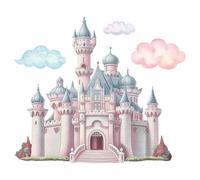 PLIGREAT Autocollants Muraux du Château de Princesse Sticker Mural avec Château de Fées en Nuage Aquarelle Grand Autocollant Mural Amovible en Vinyle pour Chambre de Fille Crèche Salon