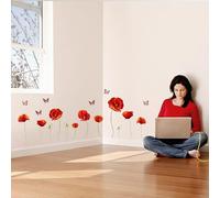 PLIGREAT Coquelicots Sticker Mural Pépinière Cuisine Salon Chambre Salle Bureau Couloir Décoration Fleurs Rouges Papillon Stickers Muraux DIY Stickers Murals