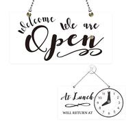 PLIGREAT Panneau Blanc Simple Ouvert/Fermé Panneau Double Face Ouvert/Fermé avec Horloge « à Midi Retour ࠻ Décoration Murale et Vitrine de Magasin Panneaux de Porte à Suspendre avec Chaînette