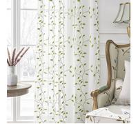 PLODAXE Paire de Rideaux Voilages Broderie Feuillage Vert 140x245cm Décoration Fenêtre Chic