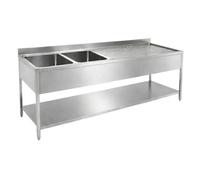 Plonge Inox 2 Bacs avec Égouttoir à Droite 2000x600 mm - Évier Professionnel avec Dosseret