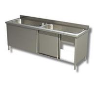 Plonge Inox 2 Grands Eviers sur Meuble avec Portes Coulissantes - Gamme 600 - Ristopro - - Inox AISI430 1800x600x850mm inox G