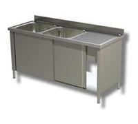 Plonge Inox sur Meuble avec Portes Coulissantes 2 Eviers à Gauche - Gamme 700 - Ristopro - - Inox AISI430 1400x700x850mm inox G