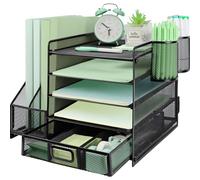 PLSOPPKG Organiseur de Bureau, 5 Niveaux Porte Documents Bac à Courrier, Compartiments de Rangement avec Tiroir 2 Porte Stylos, en Maille avec Porte Magazine de Bureau
