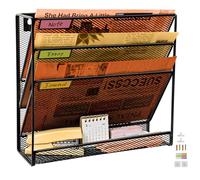 PLSOPPKG Porte-documents mural à 4 niveaux A4 à suspendre - En maille métallique durable - Porte-revue mural de bureau à 6 niveaux-Organisateur de courrier, Grand Trou de Maille, Noir