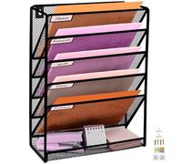 PLSOPPKG Porte-documents mural à 6 niveaux A4 à suspendre - En maille métallique durable - Porte-revue mural de bureau à 6 niveaux-Organisateur de courrier, Grand Trou de Maille, Noir