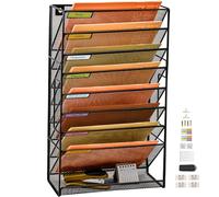 PLSOPPKG Porte-documents mural à 9 niveaux A4 à suspendre - En maille métallique durable - Porte-revue mural de bureau à 6 niveaux-Organisateur de courrier, Grand Trou de Maille, Noir