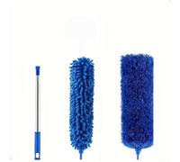 Plumeau en microfibre avec poignée extensible et tige télescopique pour nettoyer les ventilateurs de plafond, stores, étagères hautes, surfaces de toit, lavable, 3 pièces, léger, bleu