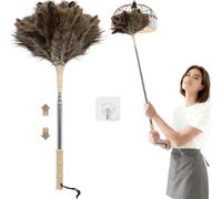Plumeau en Plumes d'Autruche, Plumeau Telescopique Lavable avec Manche Telescopique, Crochet, Brosse à Fentes, Extensible Jusqu'à 123 cm, Enlève-Toiles d'Araignée pour Plafonds et Ventilateurs