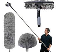 Plumeau Poussière - Plumeau Telescopique 4m - Raclette De FenêTre, TêTe De Plumeau en Chenille pour Plafonds, Stores - Gris