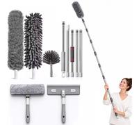 Plumeau Télescopique 270cm, Tête de Loup et Balai Toile d'Araignée | 4 têtes : perche(45-270cm)sans échelle, tête de loup 360° pour poussière et plafonds, raclette vitre 2-en-1, têtes lavables