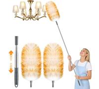 Plumeau télescopique en laine d'agneau avec 2 housses interchangeables, long extensible jusqu'à 135 cm, plumeau pour ventilateurs de plafond, lampes et meubles hauts