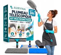 Plumeau Télescopique et Kit Nettoyage Multifonction, Balai Serpillère, Raclette Vitre, Perche Extensible 3m, Plumeau Microfibre Pliable, 2 Microfibres et Gant pour Sols, Vitres, Plafonds et Maison